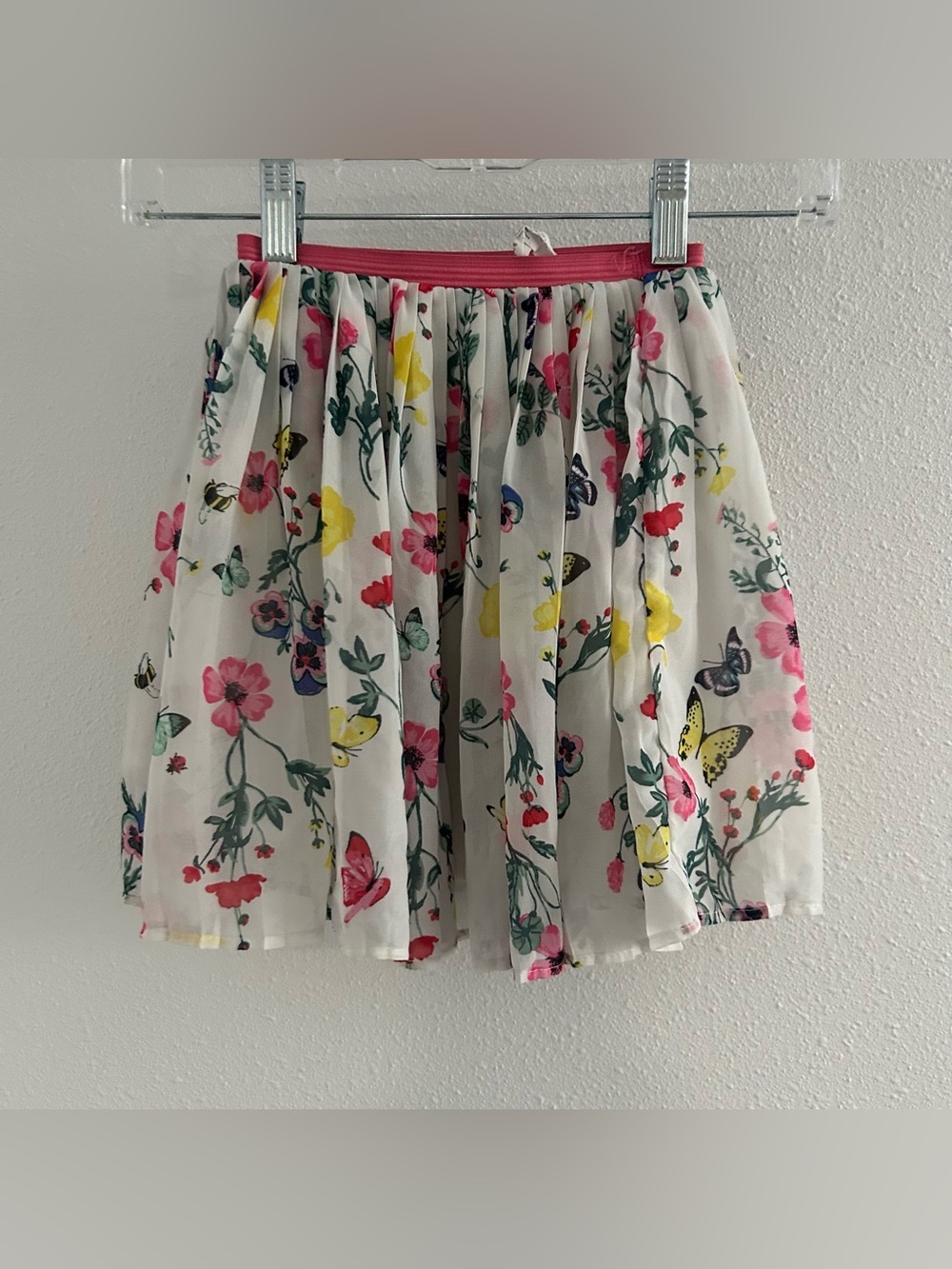 H&M White Chiffon Floral & Butterfly Skirt with Pink Waistband